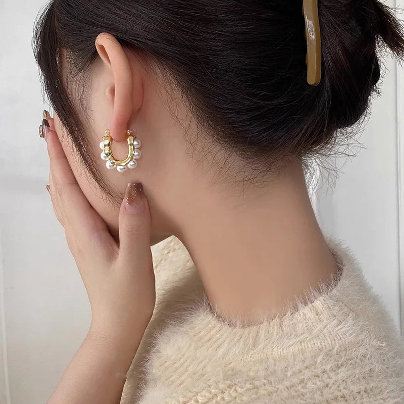 Retro Pearl Hoop Earrings